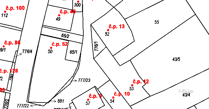 Podluhy 12 na parcele st. 53 v KÚ Podluhy, Katastrální mapa