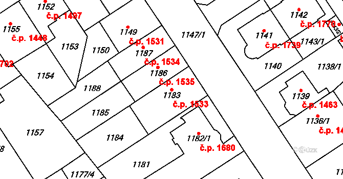 Chomutov 1533 na parcele st. 1183 v KÚ Chomutov I, Katastrální mapa