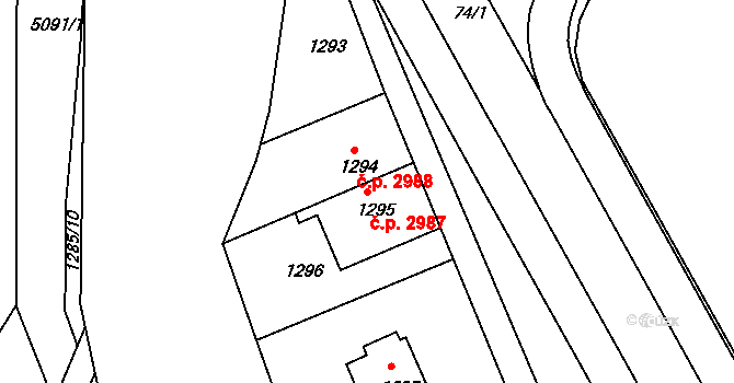 Chomutov 2987 na parcele st. 1295 v KÚ Chomutov II, Katastrální mapa