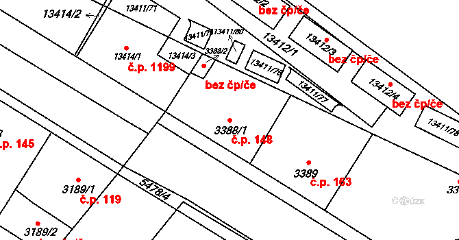 Božkov 148, Plzeň na parcele st. 3388/1 v KÚ Plzeň, Katastrální mapa