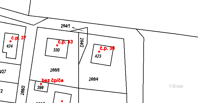 Blaženice 36, Rabyně na parcele st. 423 v KÚ Blaženice, Katastrální mapa