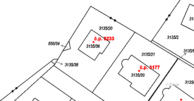 Teplice 3233 na parcele st. 3135/36 v KÚ Teplice, Katastrální mapa