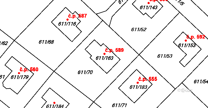 Srubec 589 na parcele st. 611/163 v KÚ Srubec, Katastrální mapa