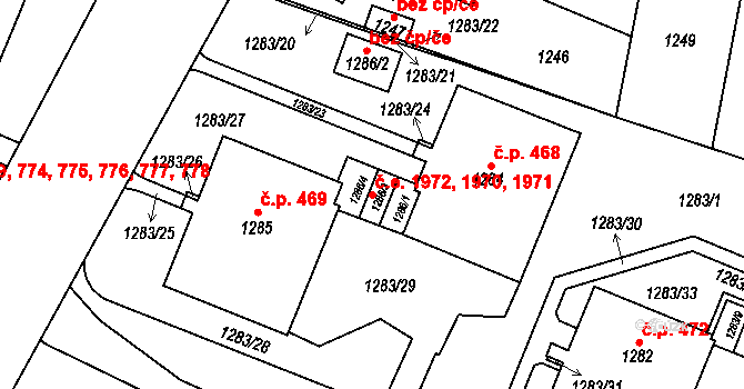 Lesná 1970,1971,1972, Brno na parcele st. 1286/1 v KÚ Lesná, Katastrální mapa