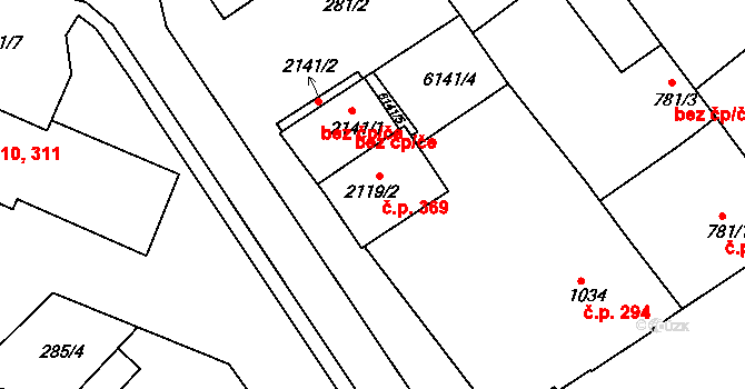 Telč-Podolí 369, Telč na parcele st. 2119/2 v KÚ Telč, Katastrální mapa