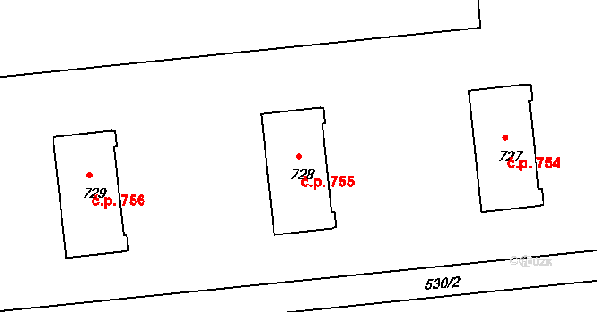 Milevsko 755 na parcele st. 728 v KÚ Milevsko, Katastrální mapa