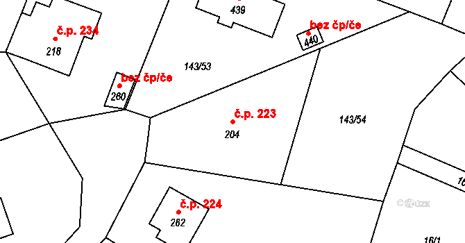 Úhonice 223 na parcele st. 204 v KÚ Úhonice, Katastrální mapa
