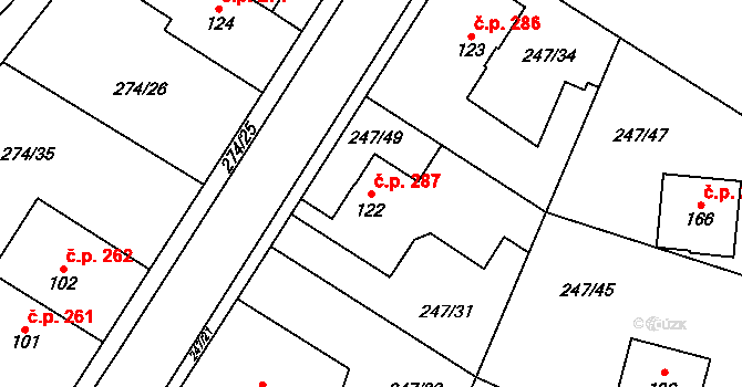 Tuchoměřice 287 na parcele st. 122 v KÚ Kněžívka, Katastrální mapa