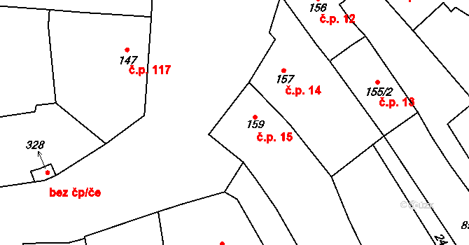 Klenčí pod Čerchovem 15 na parcele st. 159 v KÚ Klenčí pod Čerchovem, Katastrální mapa