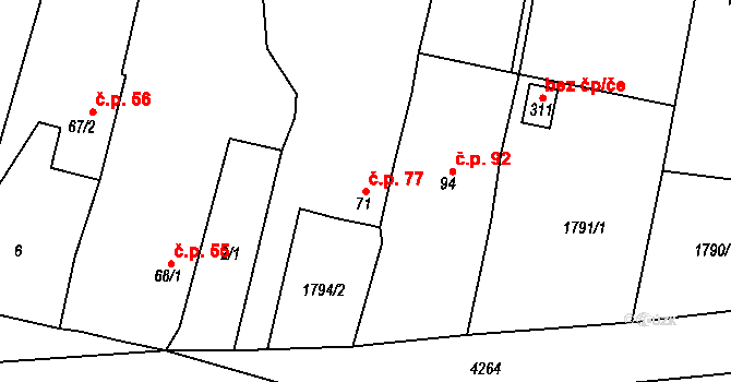 Přehýšov 77 na parcele st. 71 v KÚ Přehýšov, Katastrální mapa