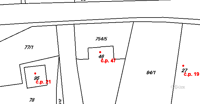 Choteč 47 na parcele st. 46 v KÚ Choteč u Holic, Katastrální mapa