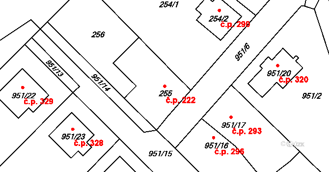 Olomučany 222 na parcele st. 255 v KÚ Olomučany, Katastrální mapa
