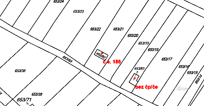 Pístov 186, Jihlava na parcele st. 653/82 v KÚ Pístov u Jihlavy, Katastrální mapa