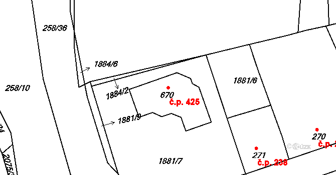 Merklín 425 na parcele st. 670 v KÚ Merklín u Přeštic, Katastrální mapa