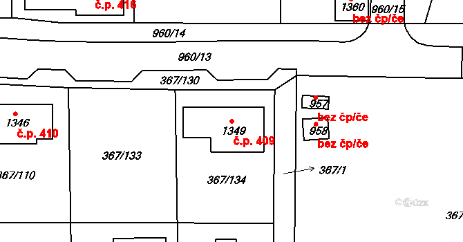Háje 409, Cheb na parcele st. 1349 v KÚ Háje u Chebu, Katastrální mapa