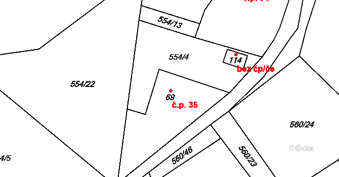 Konopiště 35, Lipovice na parcele st. 69 v KÚ Lipovice, Katastrální mapa