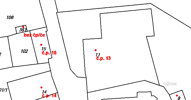 Merklín 13 na parcele st. 11 v KÚ Merklín u Přeštic, Katastrální mapa