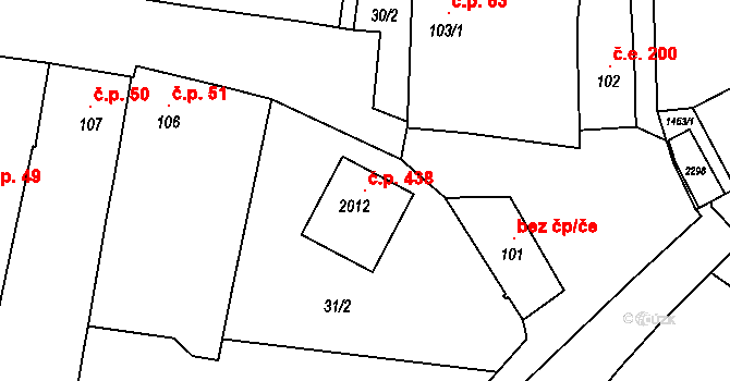 Vranov nad Dyjí 438 na parcele st. 2012 v KÚ Vranov nad Dyjí, Katastrální mapa