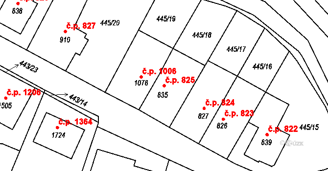 Bystřice pod Hostýnem 825 na parcele st. 835 v KÚ Bystřice pod Hostýnem, Katastrální mapa