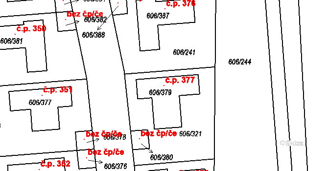 Drahelice 377, Nymburk na parcele st. 606/379 v KÚ Drahelice, Katastrální mapa