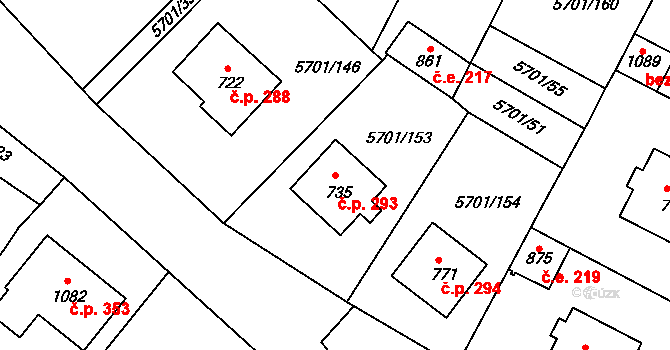 Hrádek 293 na parcele st. 735 v KÚ Hrádek u Znojma, Katastrální mapa