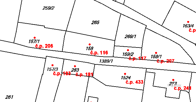 Vranov nad Dyjí 116 na parcele st. 158 v KÚ Vranov nad Dyjí, Katastrální mapa