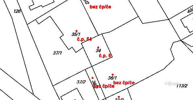 Přítoky 5, Miskovice na parcele st. 34 v KÚ Přítoky, Katastrální mapa