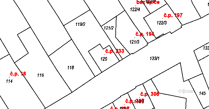 Medlov 233 na parcele st. 120 v KÚ Medlov, Katastrální mapa