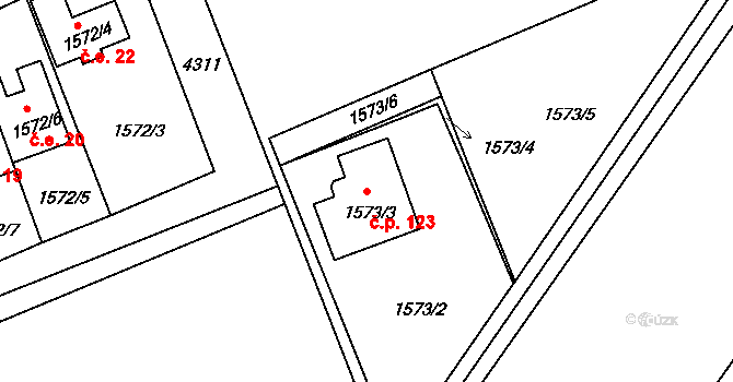 Čelákovice 123 na parcele st. 1573/3 v KÚ Čelákovice, Katastrální mapa