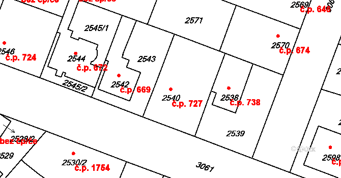 Čelákovice 727 na parcele st. 2540 v KÚ Čelákovice, Katastrální mapa