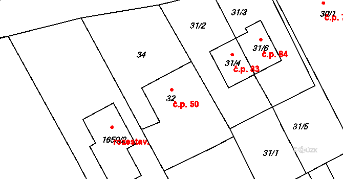 Březina 50 na parcele st. 32 v KÚ Březina u Tišnova, Katastrální mapa