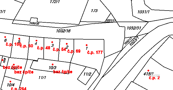 Tetčice 177 na parcele st. 1 v KÚ Tetčice, Katastrální mapa