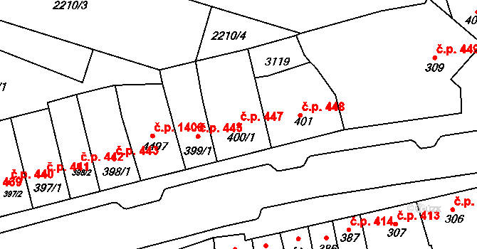 Kyjov 447 na parcele st. 400/1 v KÚ Kyjov, Katastrální mapa