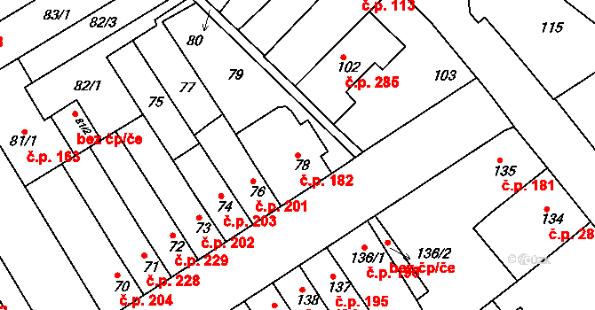 Rousínov 182 na parcele st. 78 v KÚ Rousínov u Vyškova, Katastrální mapa
