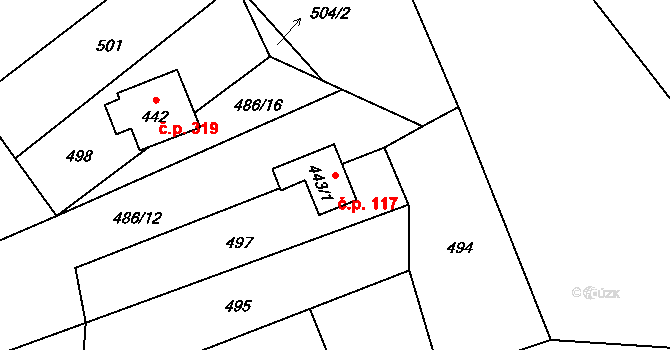 Hrádek 117 na parcele st. 443/1 v KÚ Hrádek, Katastrální mapa