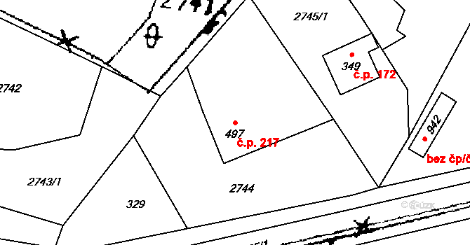 Písek 217 na parcele st. 497 v KÚ Písek u Jablunkova, Katastrální mapa