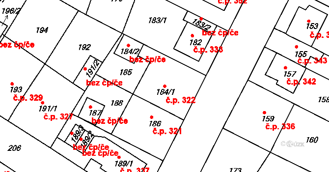 Novosedlice 322 na parcele st. 184/1 v KÚ Novosedlice, Katastrální mapa