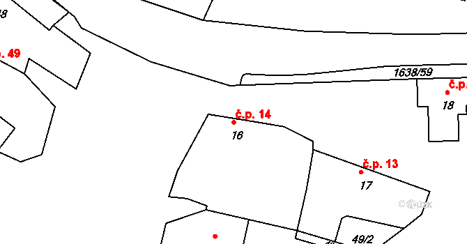 Radošov 14 na parcele st. 16 v KÚ Radošov, Katastrální mapa