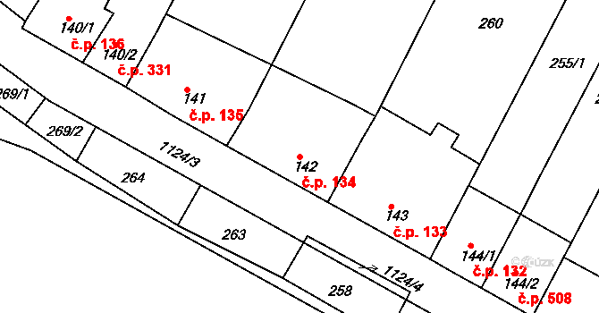 Náměšť nad Oslavou 134 na parcele st. 142 v KÚ Náměšť nad Oslavou, Katastrální mapa