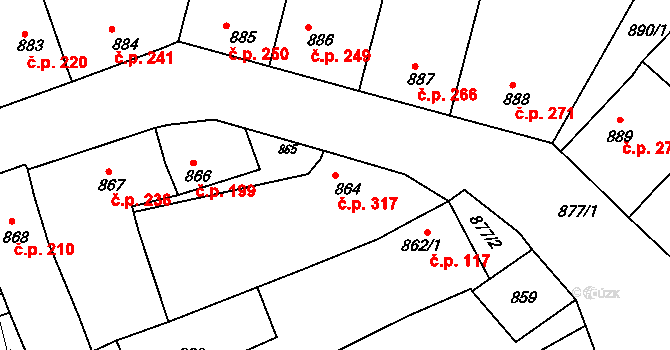 Charvátská Nová Ves 317, Břeclav na parcele st. 864 v KÚ Charvátská Nová Ves, Katastrální mapa