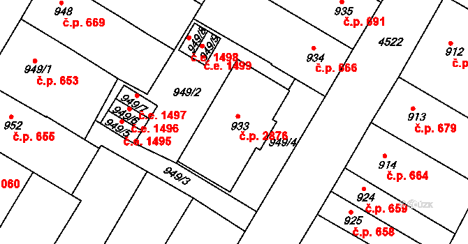 Teplice 2876 na parcele st. 933 v KÚ Teplice, Katastrální mapa
