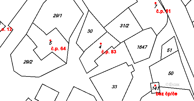 Rešov 83, Horní Město na parcele st. 4 v KÚ Rešov, Katastrální mapa