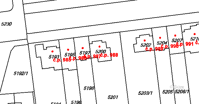 Záběhlice 988, Praha na parcele st. 5200 v KÚ Záběhlice, Katastrální mapa