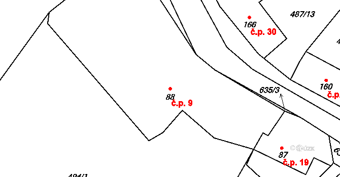Tihava 9, Kotopeky na parcele st. 88 v KÚ Kotopeky, Katastrální mapa