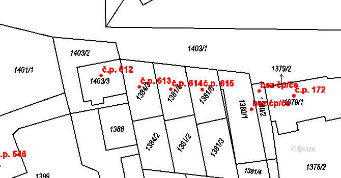 Těšice 614, Mikulčice na parcele st. 1381/5 v KÚ Mikulčice, Katastrální mapa