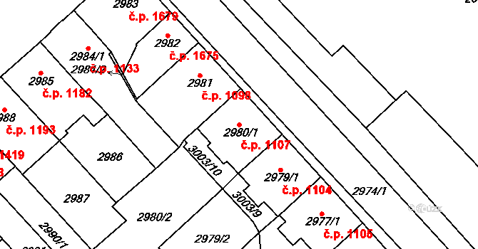 Chomutov 1107 na parcele st. 2980/1 v KÚ Chomutov I, Katastrální mapa