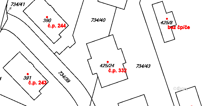 Klenčí pod Čerchovem 332 na parcele st. 425/24 v KÚ Klenčí pod Čerchovem, Katastrální mapa