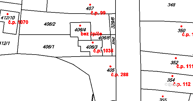 Kosmonosy 1035 na parcele st. 406/3 v KÚ Kosmonosy, Katastrální mapa