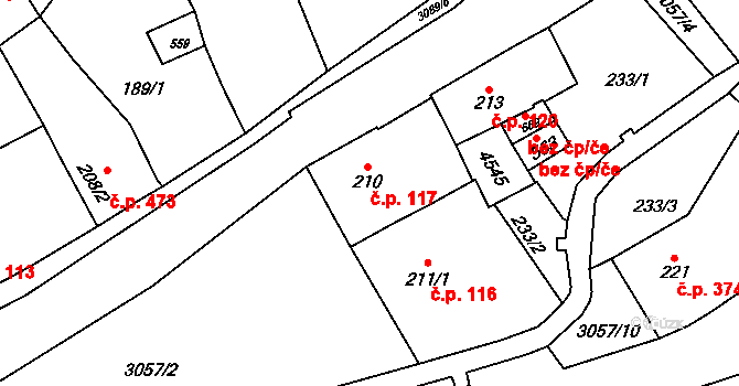 Krásno 117 na parcele st. 210 v KÚ Krásno nad Teplou, Katastrální mapa