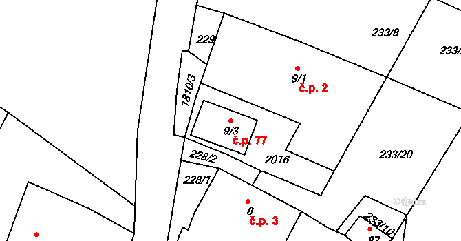 Hrudkov 77, Vyšší Brod na parcele st. 9/3 v KÚ Hrudkov, Katastrální mapa
